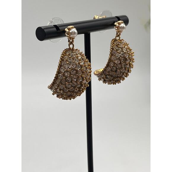 Oscar de la renta Signed Crystal Dome Pearl Drop Repurposed Earrings Repaired - Picture 3 of 8